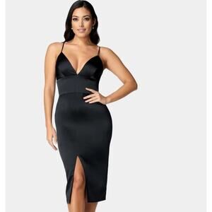 BEBE SATIN HI SLIT MIDI DRESS IN SIZE SMAL